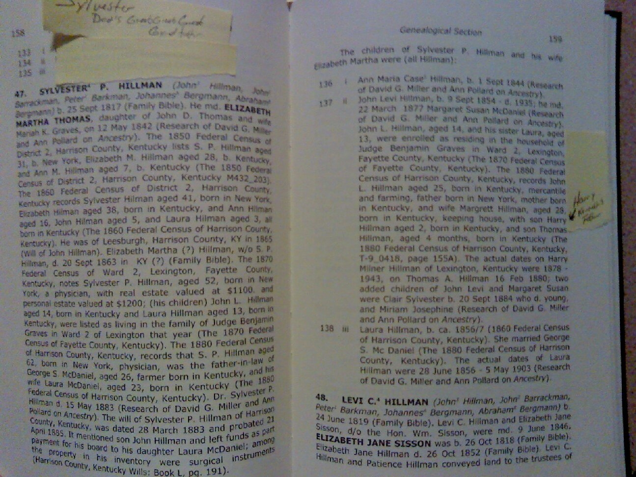 Entry on Dr Sylvester Hillman son of Dr John Hillman aka Bergmann thru Harry Hillman father of Kenneth Alpheus Hillman.JPG