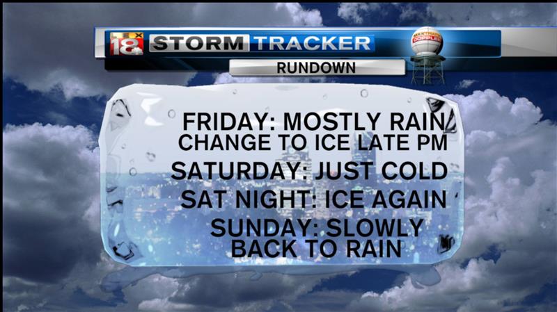 Bill Meck<br />10 hours ago <br /><br /><br /><br />.<br /><br />We are on the edge of what's going to be a significant winter weather maker in the Ohio Valley this weekend. We're tracking the potential for freezing rain, sleet, and some snow, although the snow is looking like it won't be the main player for us. Winter Storm Watches are up for roughly the areas north of I-64 and east of I-75 (roughly). Rain arrives Thursday and lasts into Friday, some of which will be locally heavy. Friday afternoon the Arctic air makes its move and changes the rain to mainly freezing rain. This part looks like it would affect travel for some by late day or evening. Saturday is just cold. Sunday a more significant icing looks possible...and we'll track that threat on LEX 18.