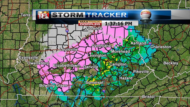 LEX 18<br /><br />We're continuing to track the changing precipitation types on the MaxTrack Live Doppler this afternoon as temperatures falling at or below freezing expand further east. As they do so, freezing rain and drizzle, as well as some sleet is possible. In particular, north and west of Lexington this has already been occurring. Travel will become more hazardous with slick spots on the roadways.