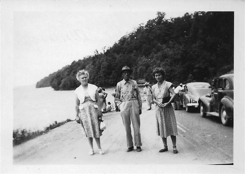 Old Rowena Landing on the Russell Co side. L to R Irene Wright, Grandpa Wright and Callie Early 1950s (Custom).jpg