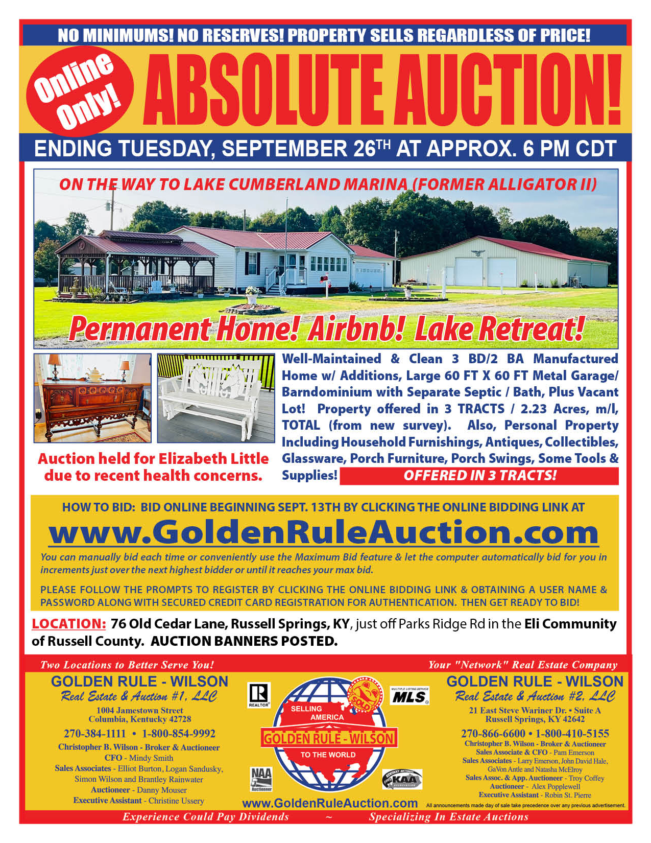 AUCTION BEGINS 9/13/23 and ENDS 9/26/23.  See terms online at www.GoldenRuleAuction.com